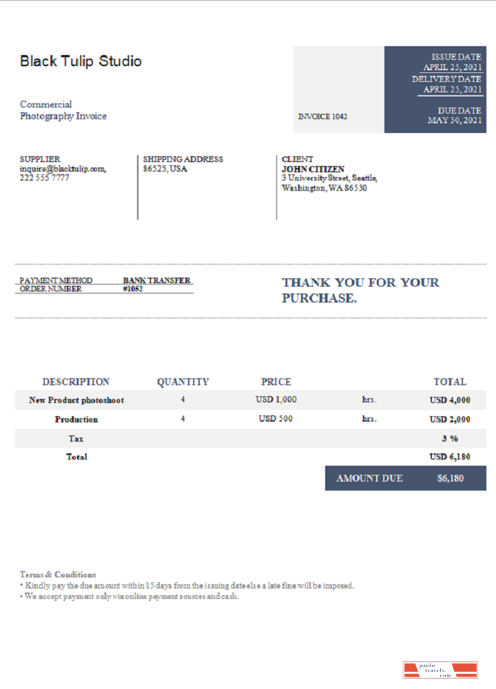 USA Black Tulip Studio invoice PSD template